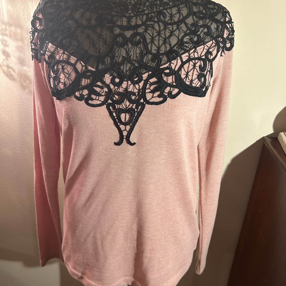 Elegant Pink Long Sleeve Top with Black Lace Detail